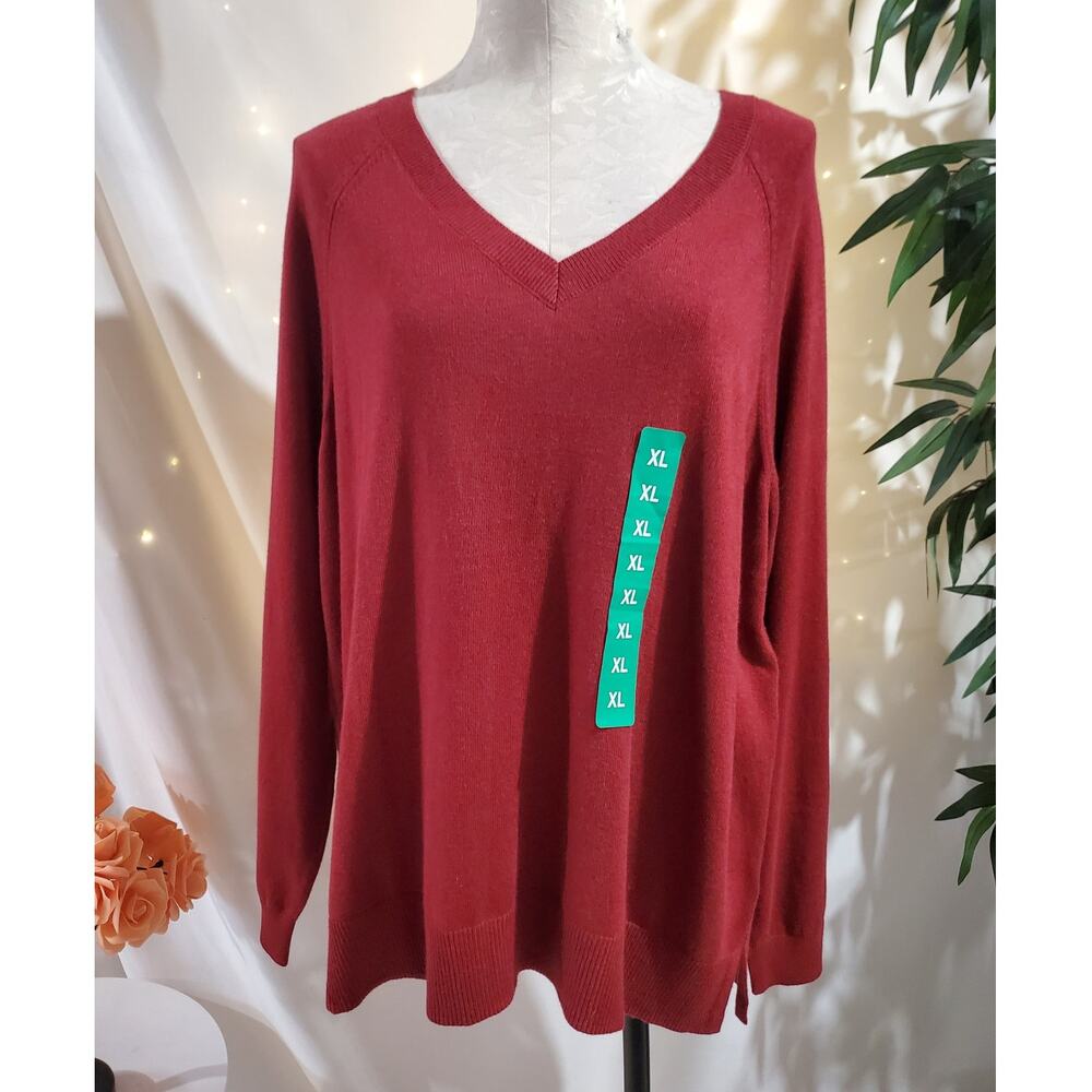 Lucky Brand NWT V-Neck Ribbed Trim Pullover Tunic Sweater Womens Size XL Red